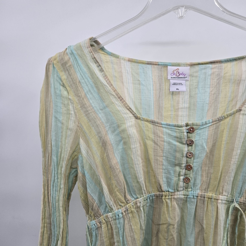 Oh Baby by Motherhood Long Sleeve Blouse Green Tan Blue White Stripe Size XL